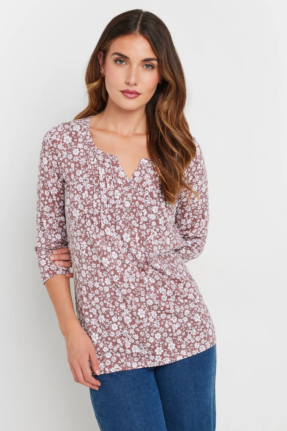 Long Tall Sally Blush Pink Ditsy Floral Henley Top - Size 14 Image 1