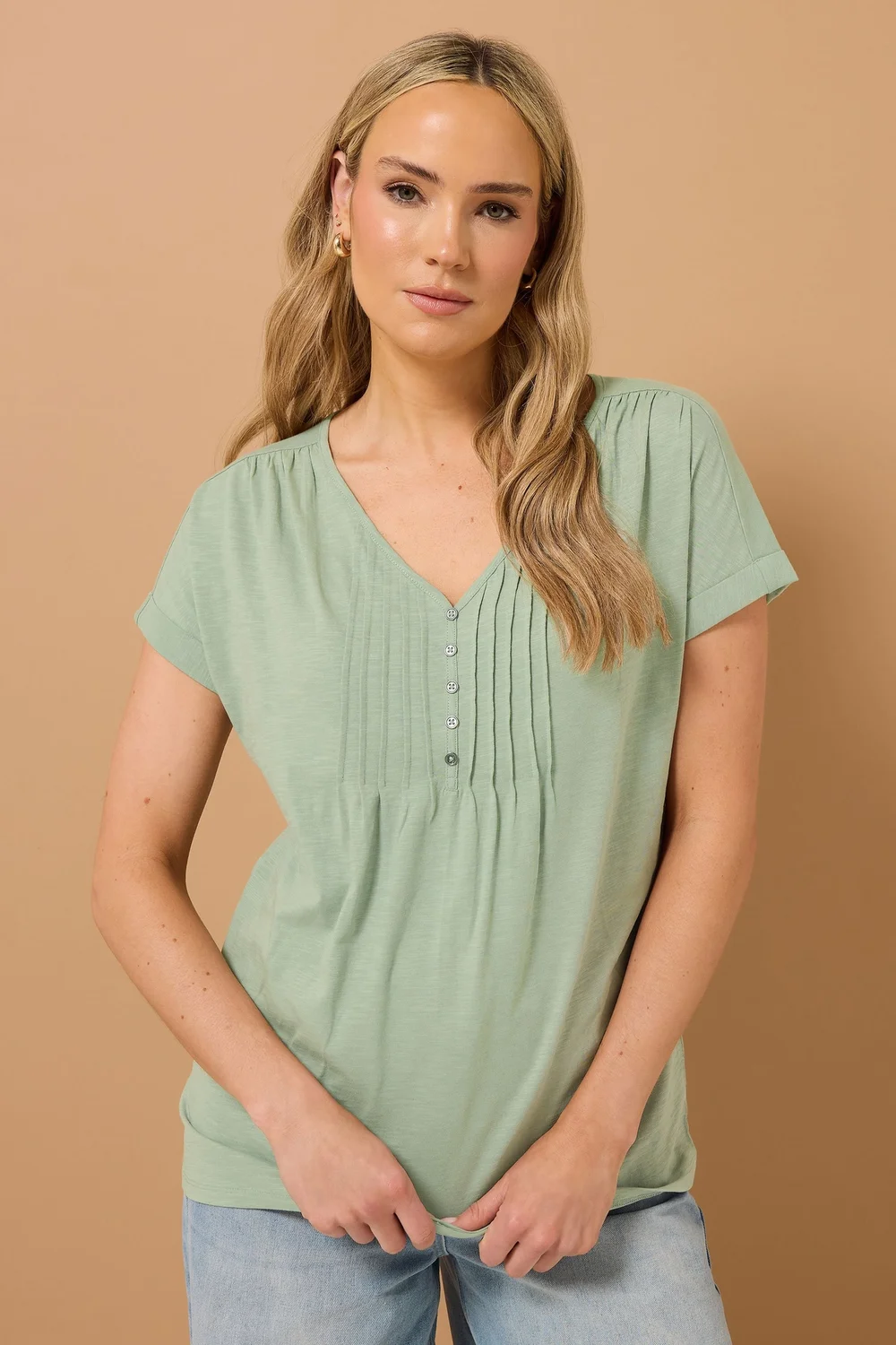 Long Tall Sally Sage Green Cotton Short Sleeve Henley Top - Size 20 Image 2
