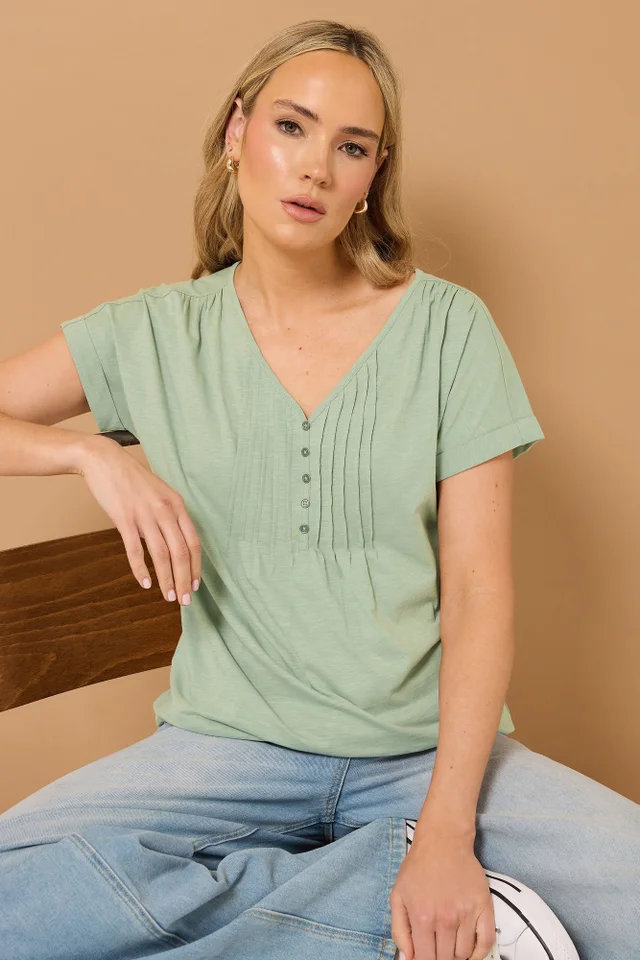Long Tall Sally Sage Green Cotton Short Sleeve Henley Top