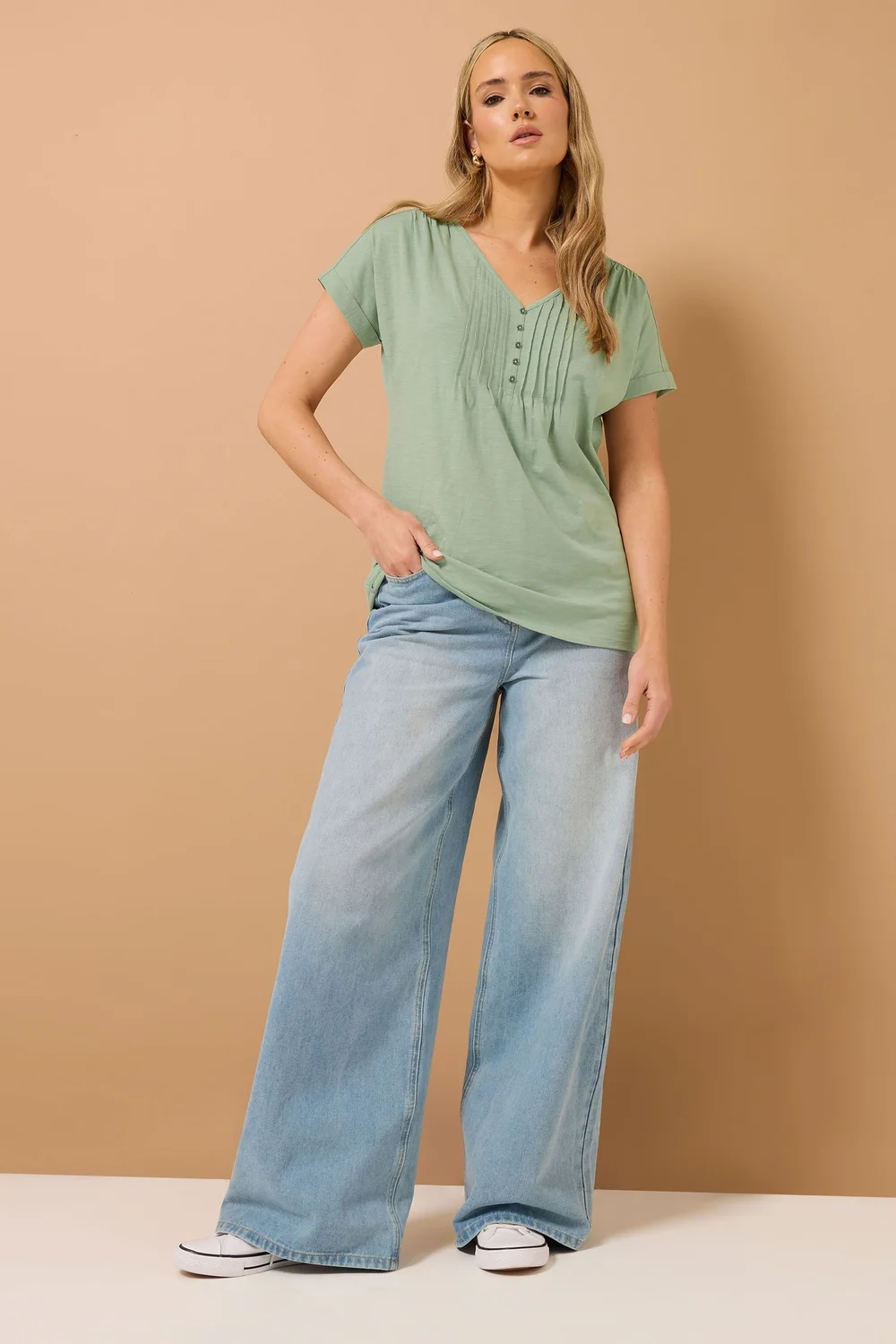 Long Tall Sally Sage Green Cotton Short Sleeve Henley Top - Size 20 Image 3