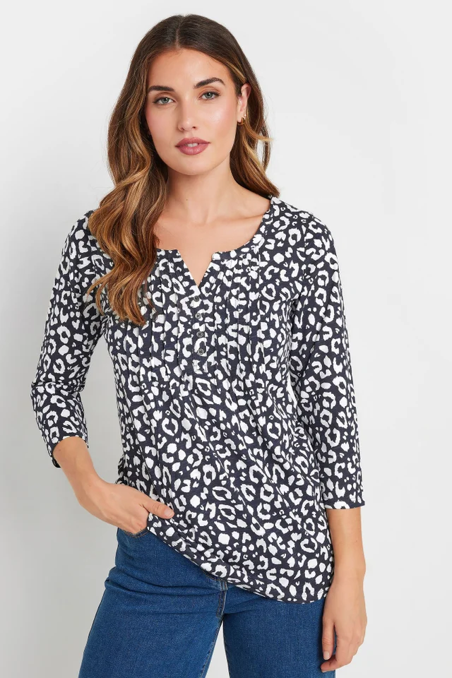 Long Tall Sally Navy Blue Leopard Print Henley Top