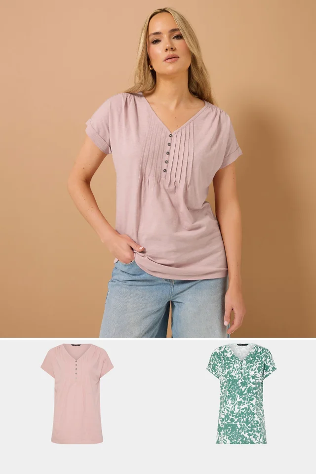 Long Tall Sally 2 Pack Pink & Green Floral Cotton Henley Tops
