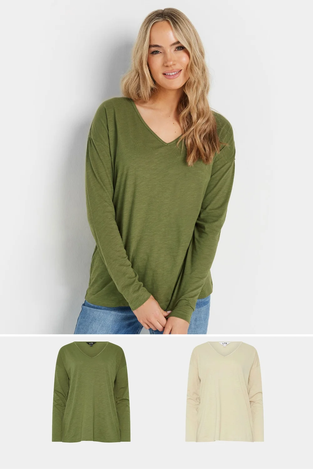 Long Tall Sally 2 Pack Stone Brown & Green Long Sleeve T-Shirts - Size 16 Clothing Image 1