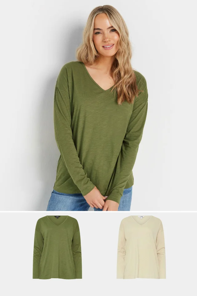 Long Tall Sally 2 Pack Stone Brown & Green Long Sleeve T-Shirts