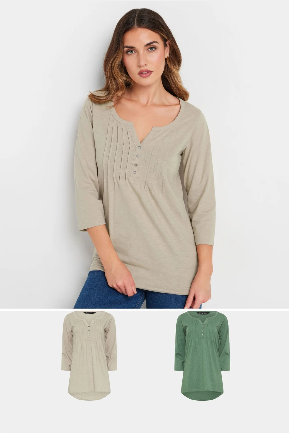 Long Tall Sally 2 Pack Beige Brown & Green Henley Tops - 10 Image 2