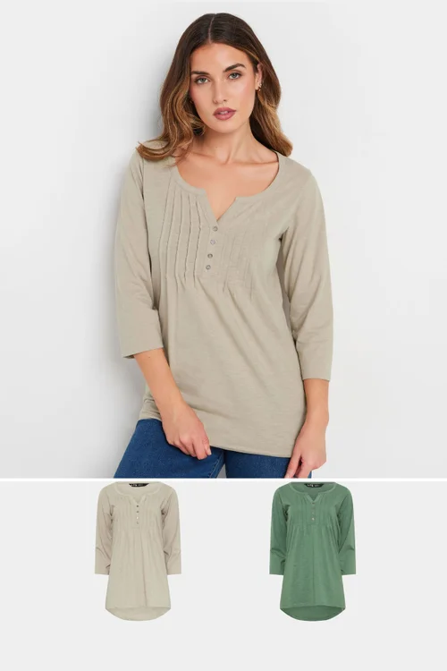 Long Tall Sally 2 Pack Beige Brown & Green Henley Tops - 10 Image 2