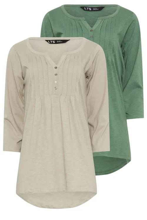 Long Tall Sally 2 Pack Beige Brown & Green Henley Tops - 10 Image 1
