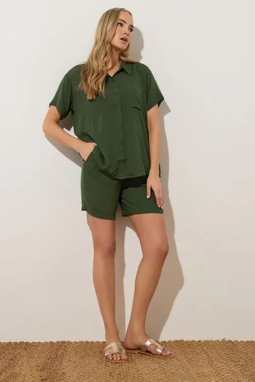 Long Tall Sally Khaki Green Cotton Crinkle Shorts - Size 18 Image 3