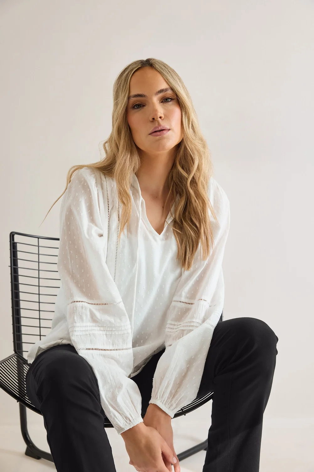 Long Tall Sally White Cotton Dobby Tie Neck Blouse - Size 16 Image 1