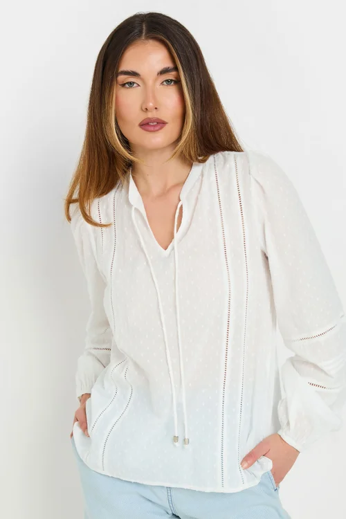 Long Tall Sally White Cotton Dobby Tie Neck Blouse - Size 16 Image 2