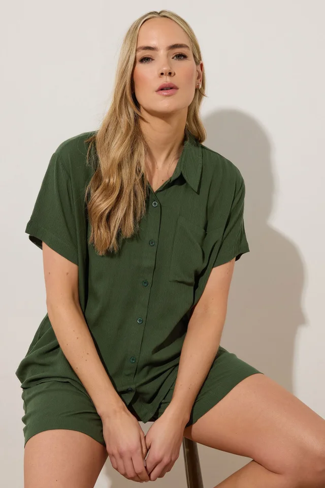 Long Tall Sally Khaki Green Cotton Crinkle Shirt