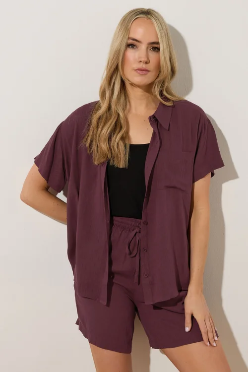 Long Tall Sally Dark Purple Cotton Crinkle Shirt - Size 16 Image 3