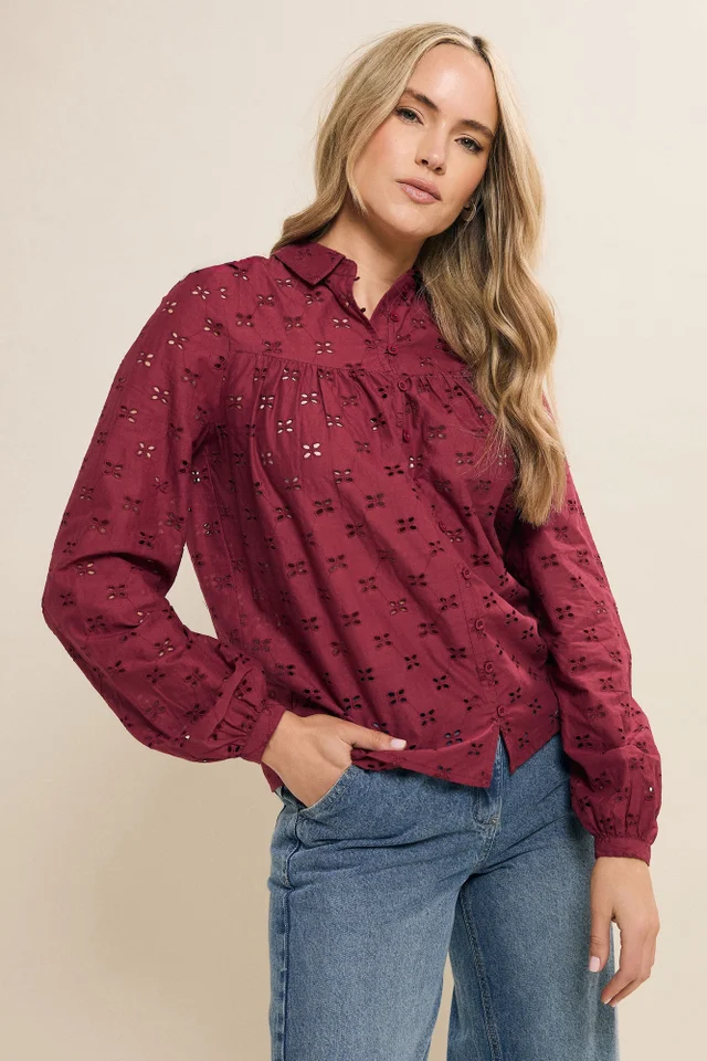 Long Tall Sally Red Cotton Broderie Yoke Shirt
