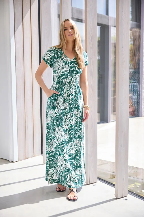 Long Tall Sally Green Cotton Tropical Palm Print Drawstring Maxi Dress - 16 Image 1