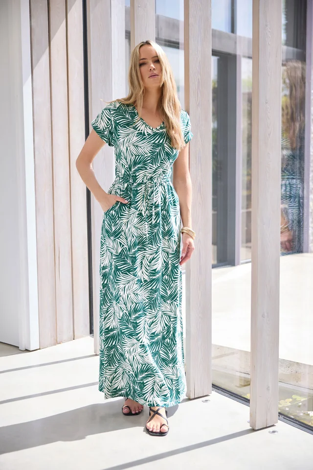 Long Tall Sally Green Cotton Tropical Palm Print Drawstring Maxi Dress