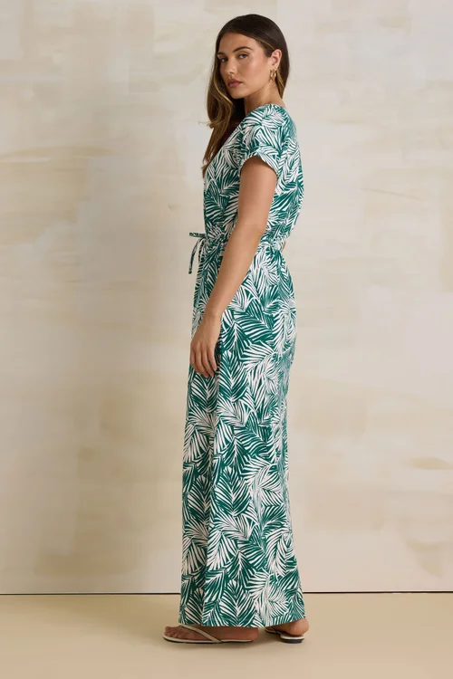 Long Tall Sally Green Cotton Tropical Palm Print Drawstring Maxi Dress - 16 Image 4