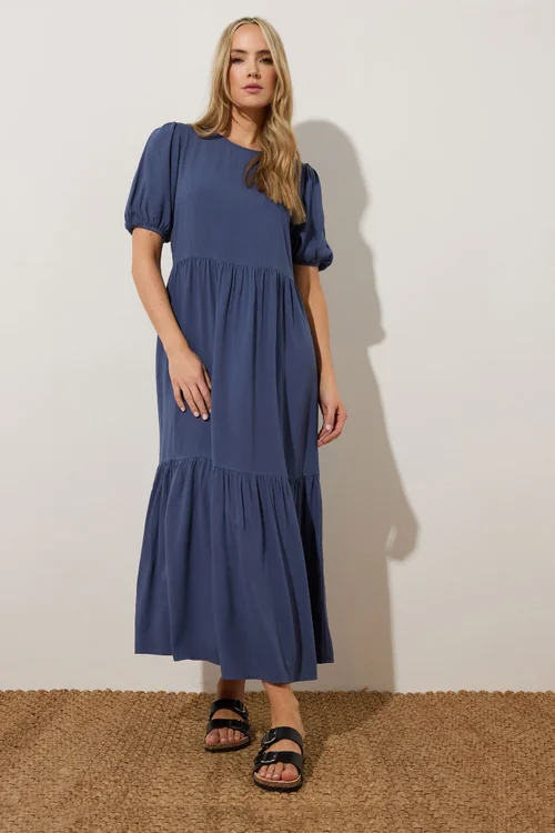 Long Tall Sally Denim Blue Puff Sleeve Tiered Midaxi Dress - 10 Image 4
