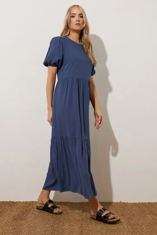 Long Tall Sally Denim Blue Puff Sleeve Tiered Midaxi Dress - 10 Image 1