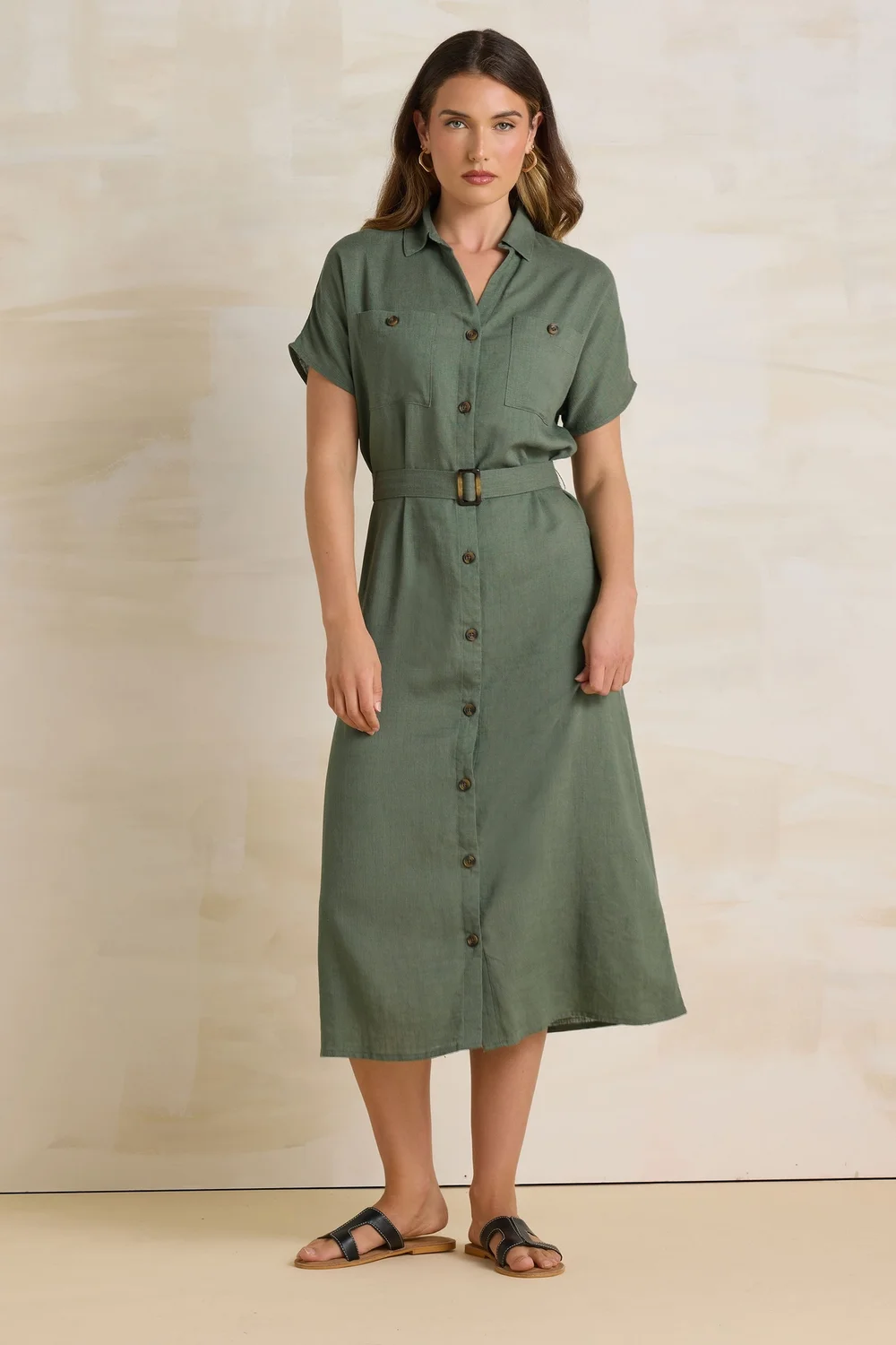 Long Tall Sally Khaki Green Linen Button Midi Dress - 16 Image 2