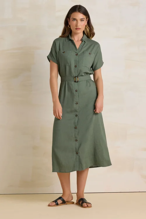 Long Tall Sally Khaki Green Linen Button Midi Dress - 16 Image 2