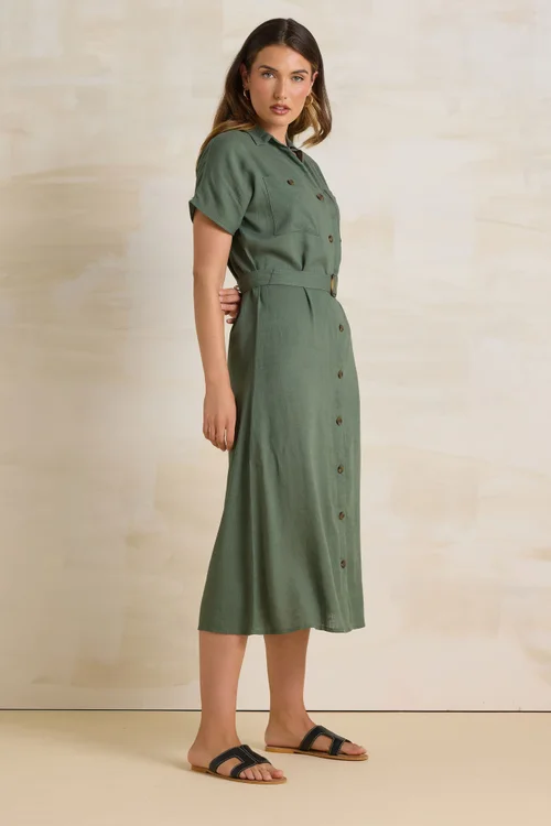 Long Tall Sally Khaki Green Linen Button Midi Dress - 16 Image 3