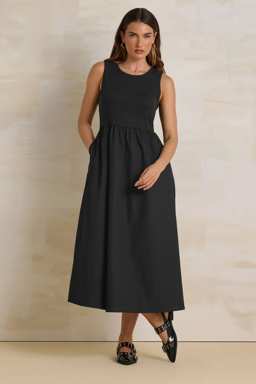 Long Tall Sally Black Jersey & Woven Mix Fabric Midi Dress - 8 Image 1