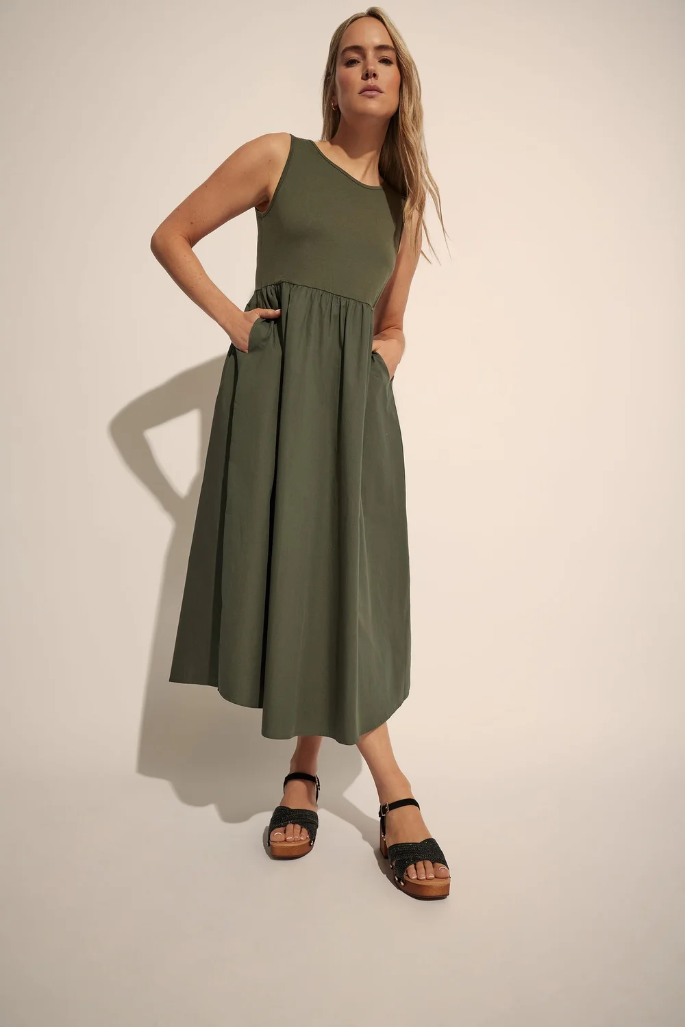 Long Tall Sally Khaki Green Jersey & Woven Mix Fabric Midi Dress - 20 Image 1