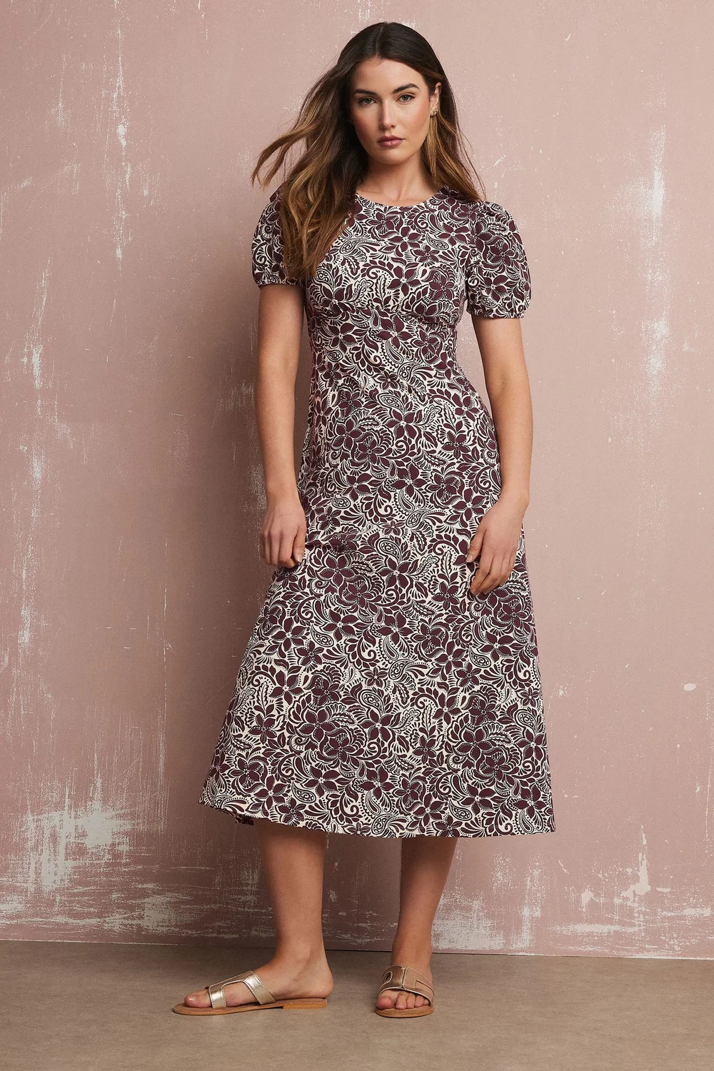 Long Tall Sally Purple Floral Puff Sleeve Midi Dress - 8 Image 2