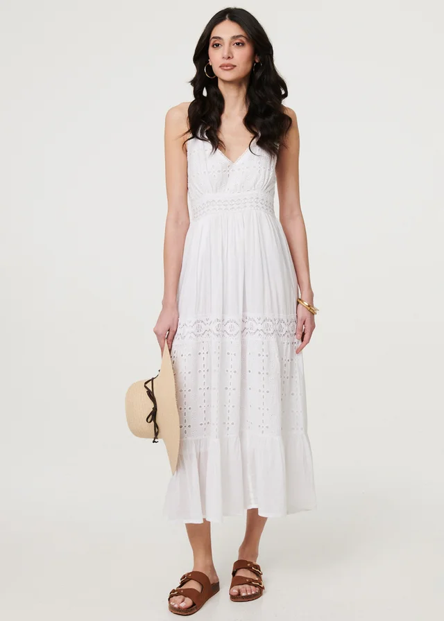 Izabel London White Broderie Anglaise Cami Strap Maxi Dress