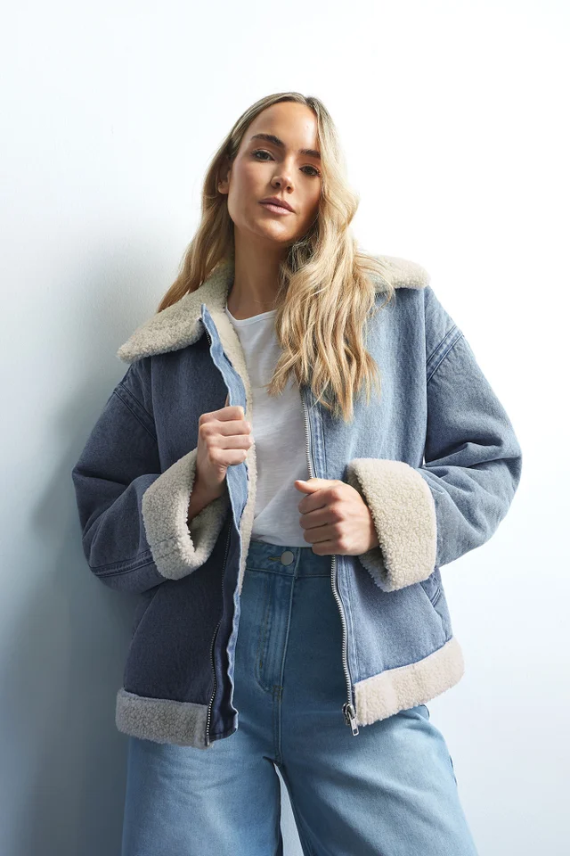 Long Tall Sally Light Blue Denim Borg Zip Jacket