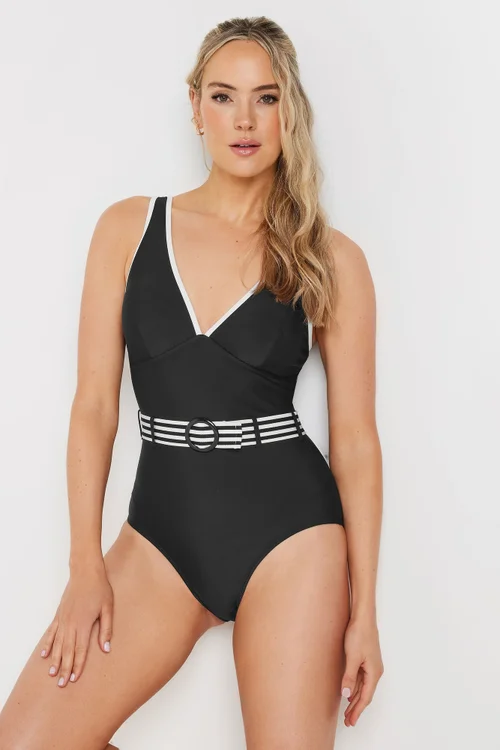 Long Tall Sally Black Monochrome Belted Swimsuit - Size 18 Image 2