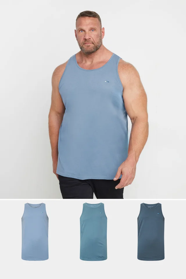 BadRhino 3 Pack Blue Plain Vest Tops