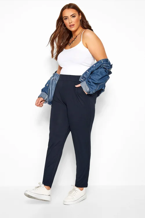 Yours Curve Navy Blue Double Pleat Stretch Jersey Joggers - 34-36 Image 1