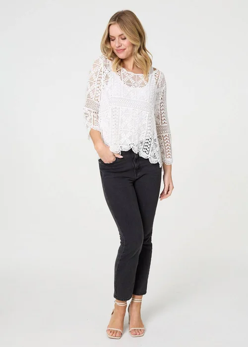 Izabel London White Lace Crochet Semi Sheer Layered Top - XL Image 4