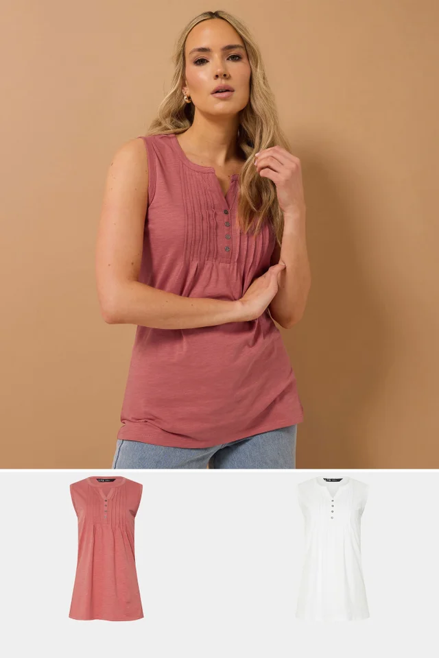 Long Tall Sally 2 Pack Coral Pink & White Henley Vest Tops