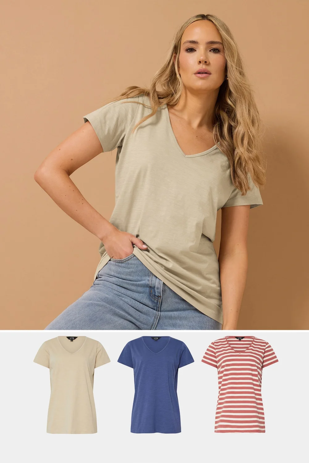 Long Tall Sally 3 Pack Blue & Coral Orange Stripe V-Neck T-Shirts - Size 12 Image 1