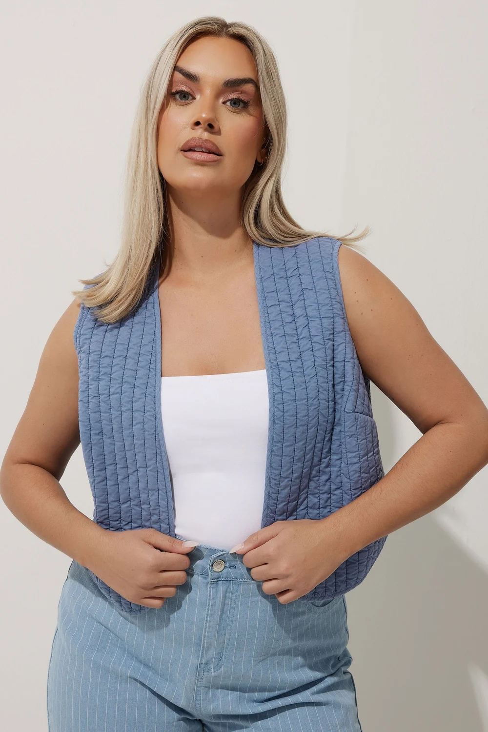 LIMITED COLLECTION Curve Blue Washed Quilted Waistcoat - 20 Image 1