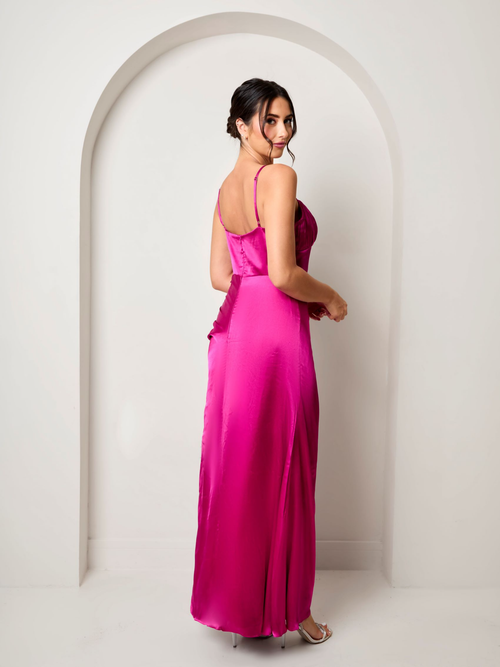 Chi Chi London Ruched Bodice Satin Maxi Dress In Pink - Size 14 Image 3