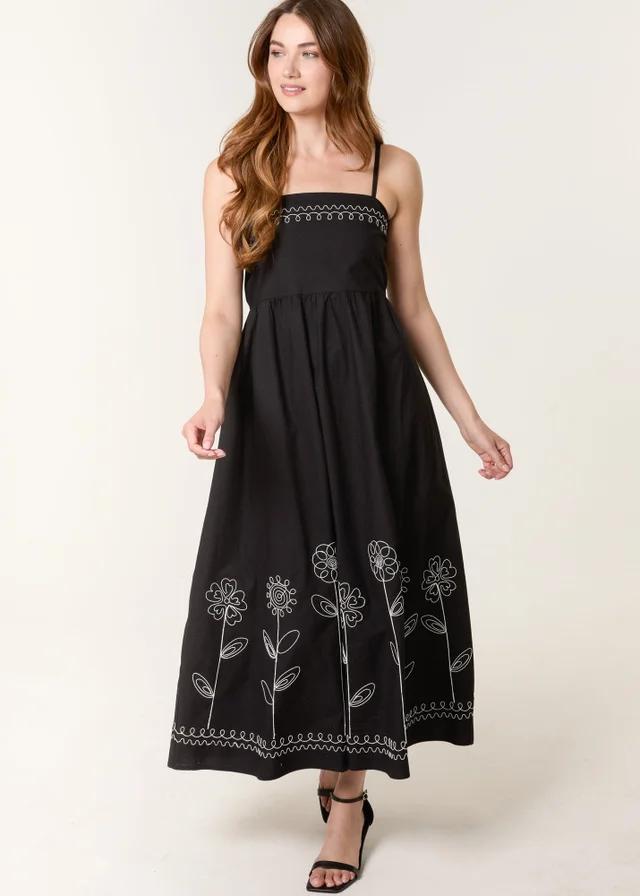 Blue Vanilla Black Strappy Floral Embroidered Cotton Midi Dress
