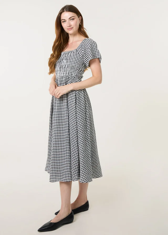 Blue Vanilla Brown Shirred Gingham Midi Dress