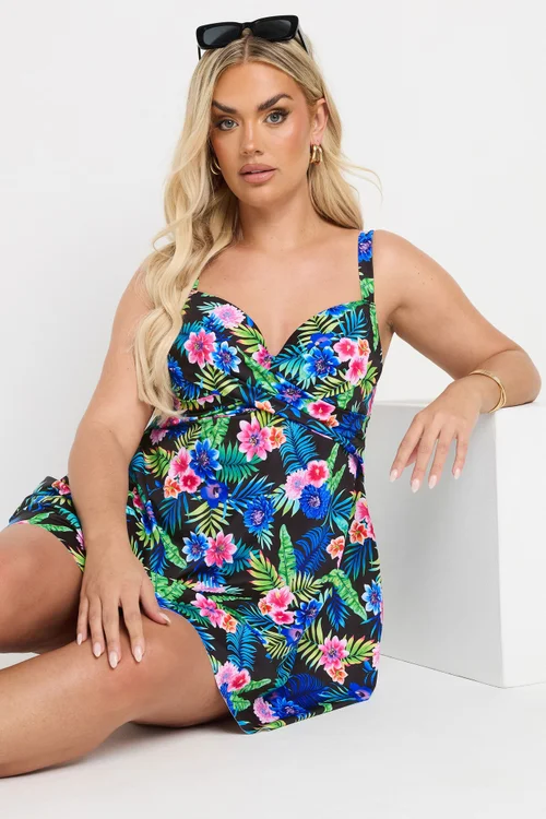 Yours Curve Black Tropical Print Premium Underwired Tankini Top - 222 Image 3