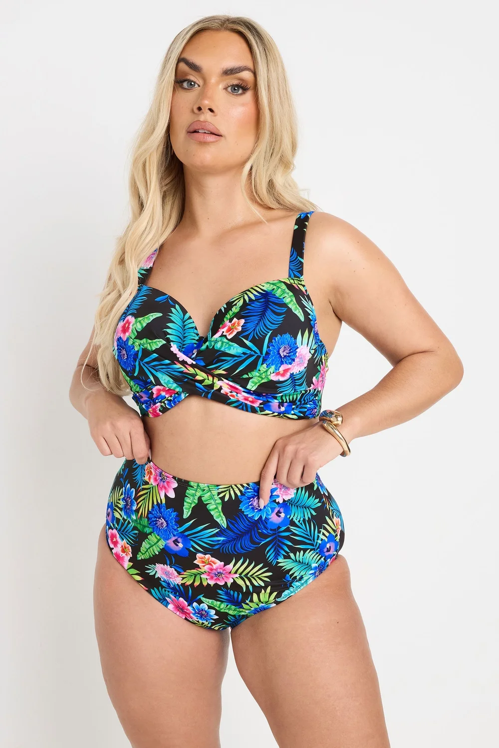 Yours Curve Black Tropical Floral Print High Waisted Bikini Briefs - Size 22 Image 1