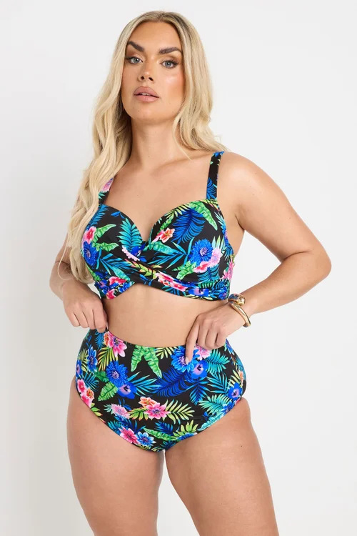 Yours Curve Black Tropical Floral Print High Waisted Bikini Briefs - Size 22 Image 1