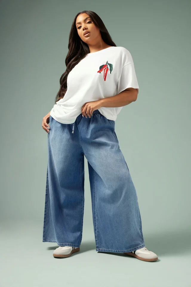 Yours Curve Blue Palazzo Leg Tie Waist Jeans