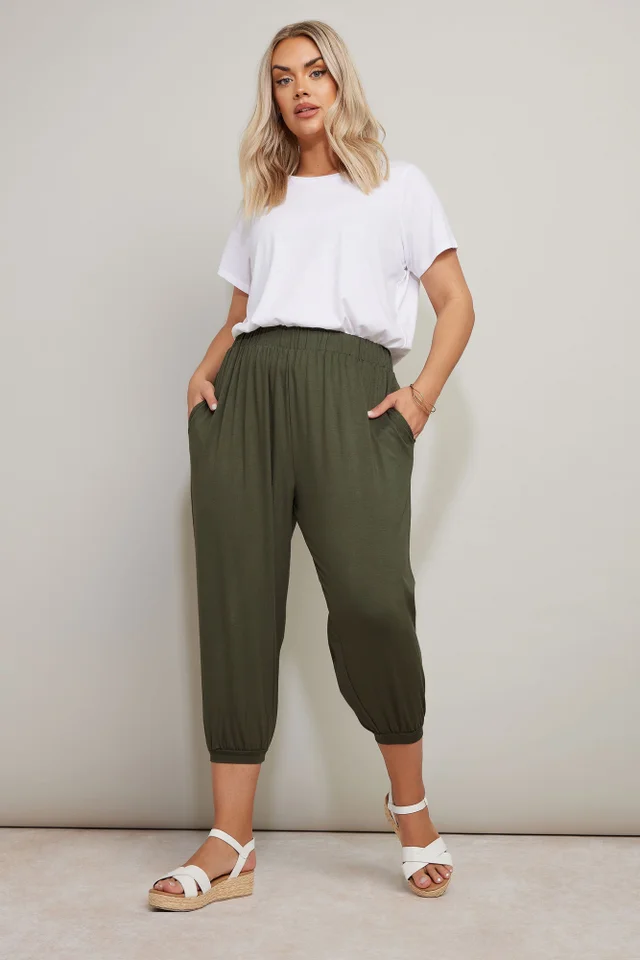 Yours Curve Khaki Green Jersey Cropped Harem Trousers