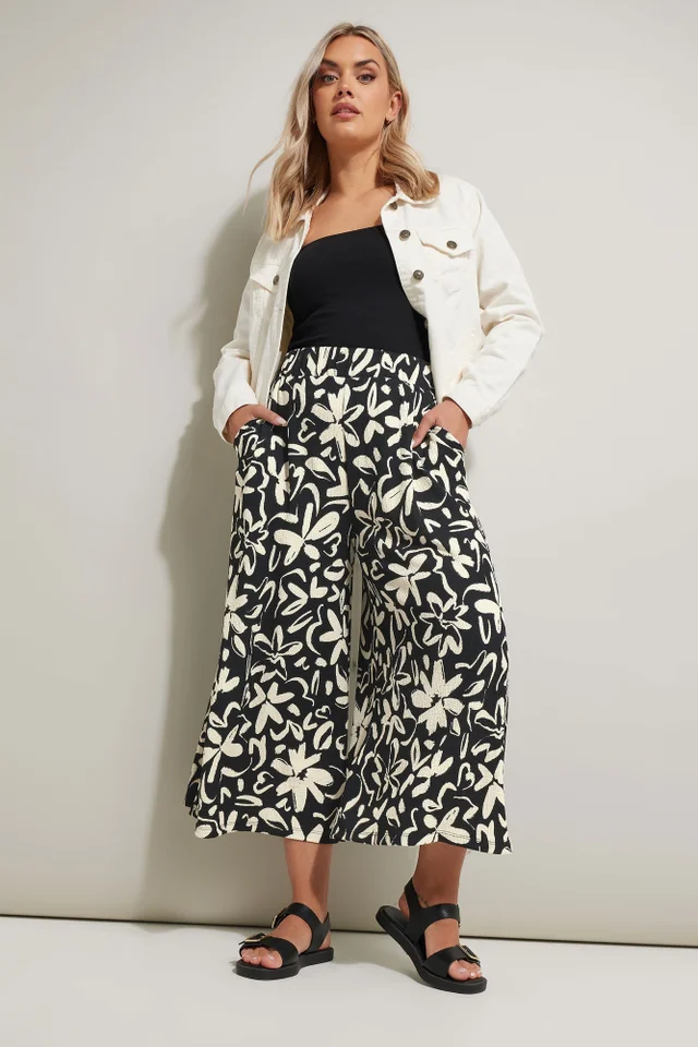 Yours Curve Black Floral Print Textured Midaxi Culottes