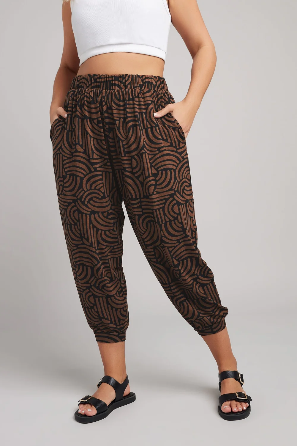 Yours Curve Brown Abstract Print Cropped Harem Joggers - 26-28 Image 1