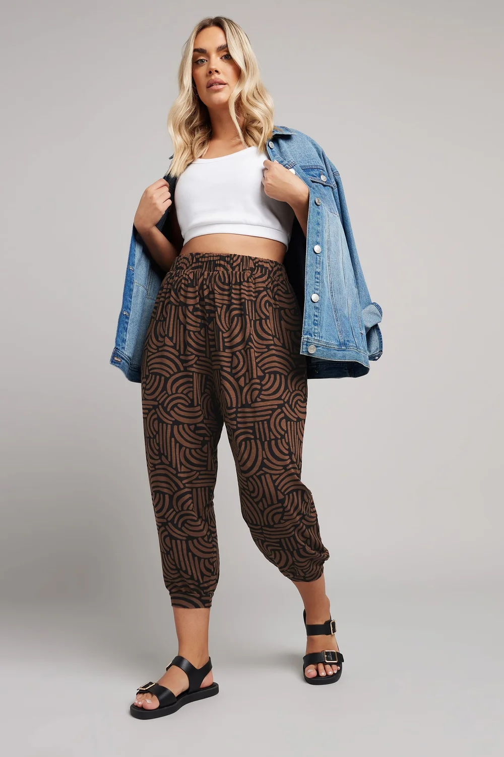 Yours Curve Brown Abstract Print Cropped Harem Joggers - 26-28 Image 2