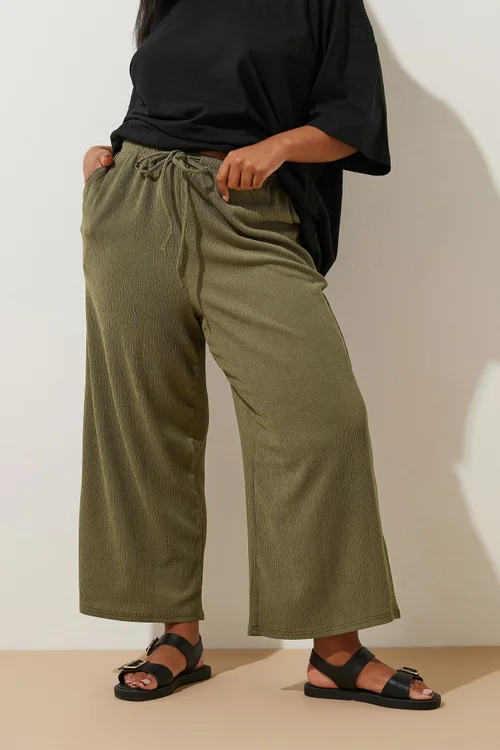 Yours Curve Khaki Green Textured Culottes - 18 Image 1