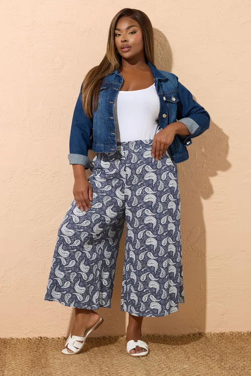 Yours Curve Navy Blue Paisley Print Midaxi Culottes - 30-32 Image 2